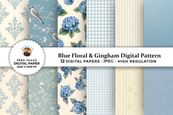 Blue Floral Gingham Digital Patterns