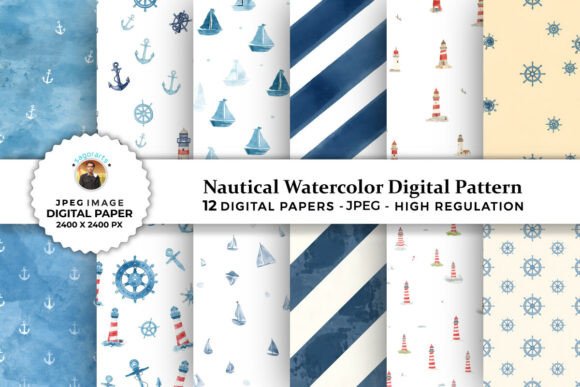 Nautical Watercolor Digital Patterns for Creative Projects
