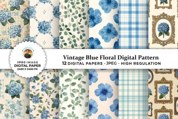 Vintage Blue Floral Digital Patterns for Creative Projects