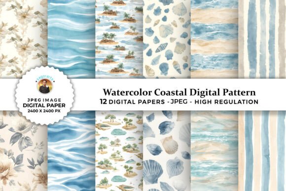 Watercolor Coastal Digital Patterns for Creative Projects
