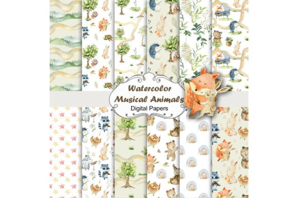Watercolor Musical Animals Patterns